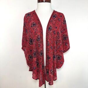 Braeve Boho Floral Kimono Cardigan Crochet Trim Red Open Front Festival Cover Up